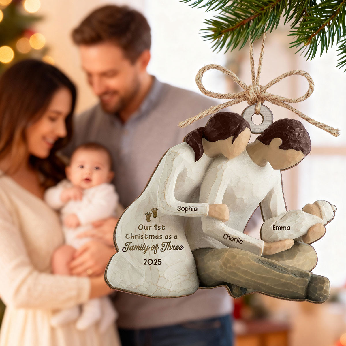 3D Effect First Christmas As Family Of Three Mom Dad Holding Baby - Personalized Wooden Ornament