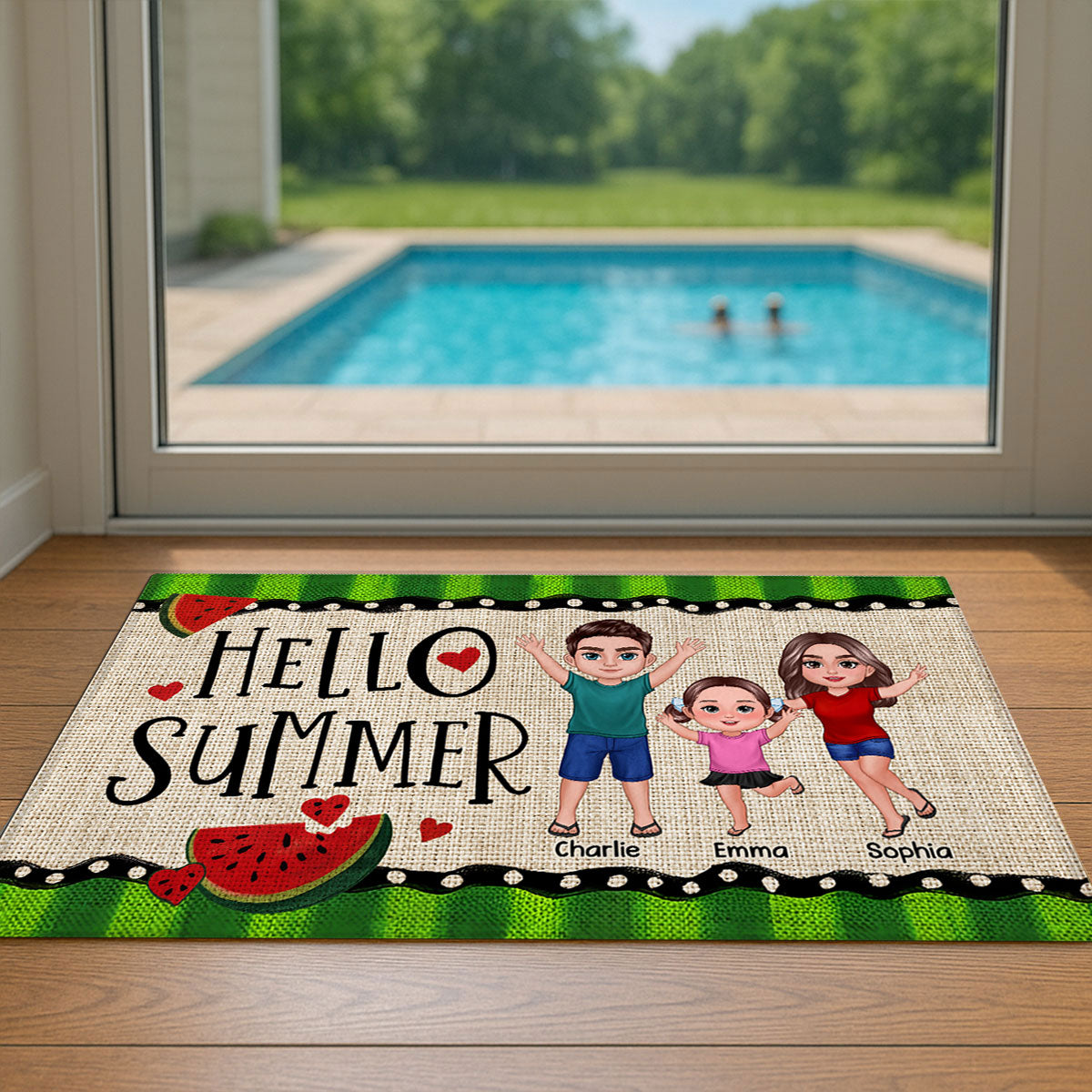 Hello Summer Watermelon Family Personalized Doormat, Summer Decoration
