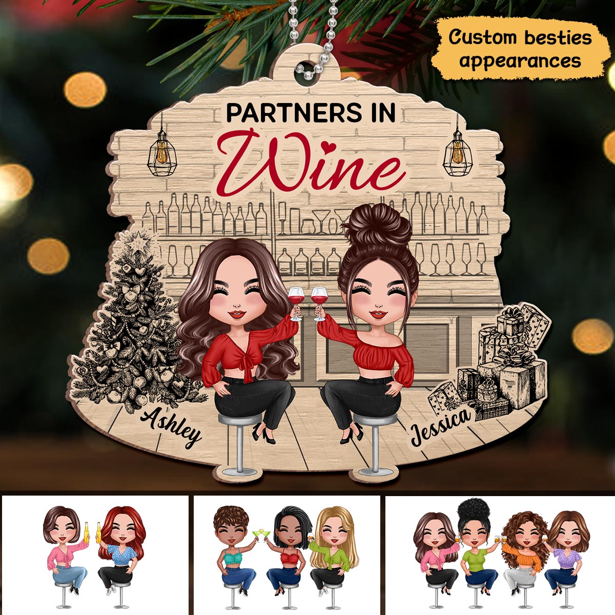Besties Wine Bar Best Friends Christmas Personalized Wooden Ornament