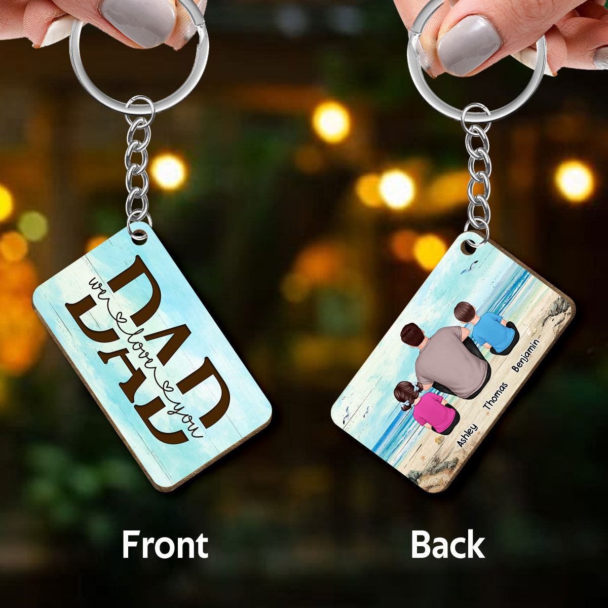 Beach Landscape Best Dad Ever Back View Man Kids Dog Cat Father‘s Day Gift Personalized Wooden Keychain