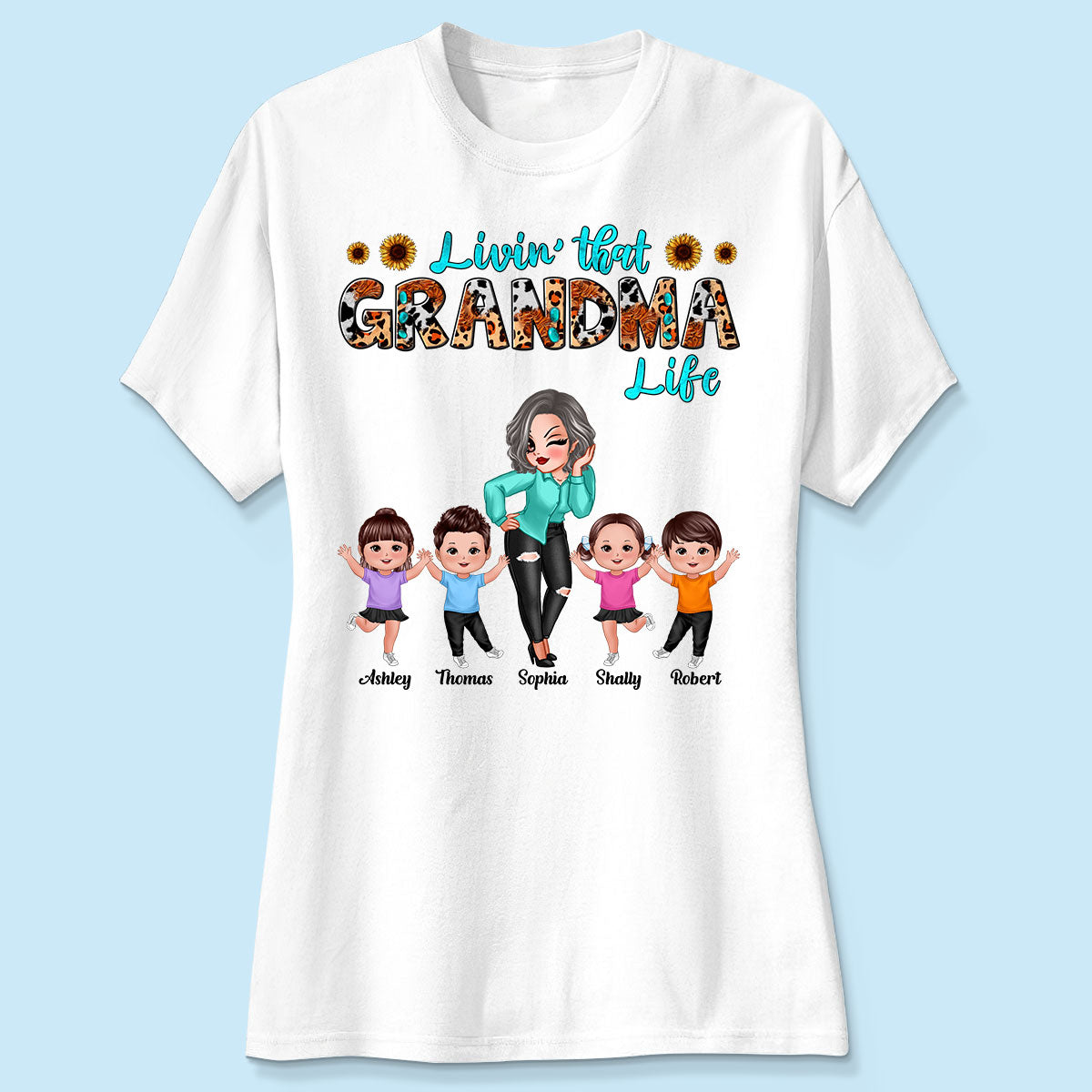 Teal And Leopard Livin‘ That Grandma Mom Life Personalized Shirt