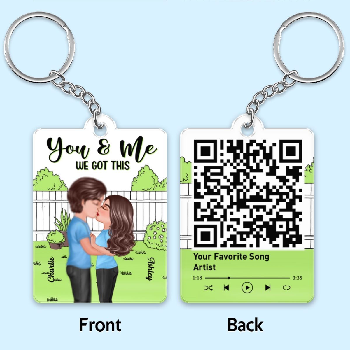 Doll Couple Kissing Green Grass Favorite Song QR Code Personalized Acrylic Keychain