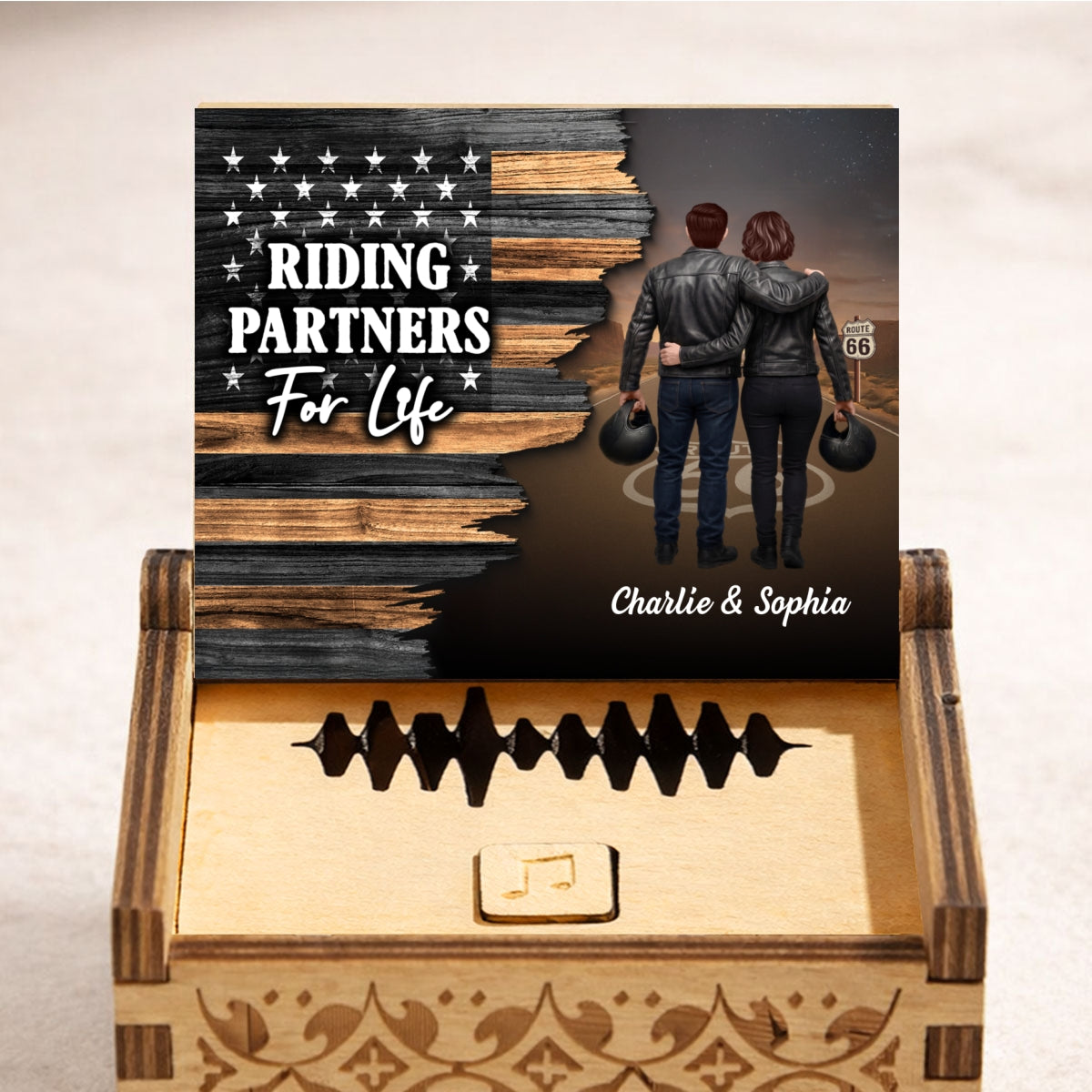 Eternal Love Back View Biker Couple Riding Partners For Life Half Nation Flag - Personalized Wooden Music Box - Gift For Couple, Bikers, Gift For Him, For Her