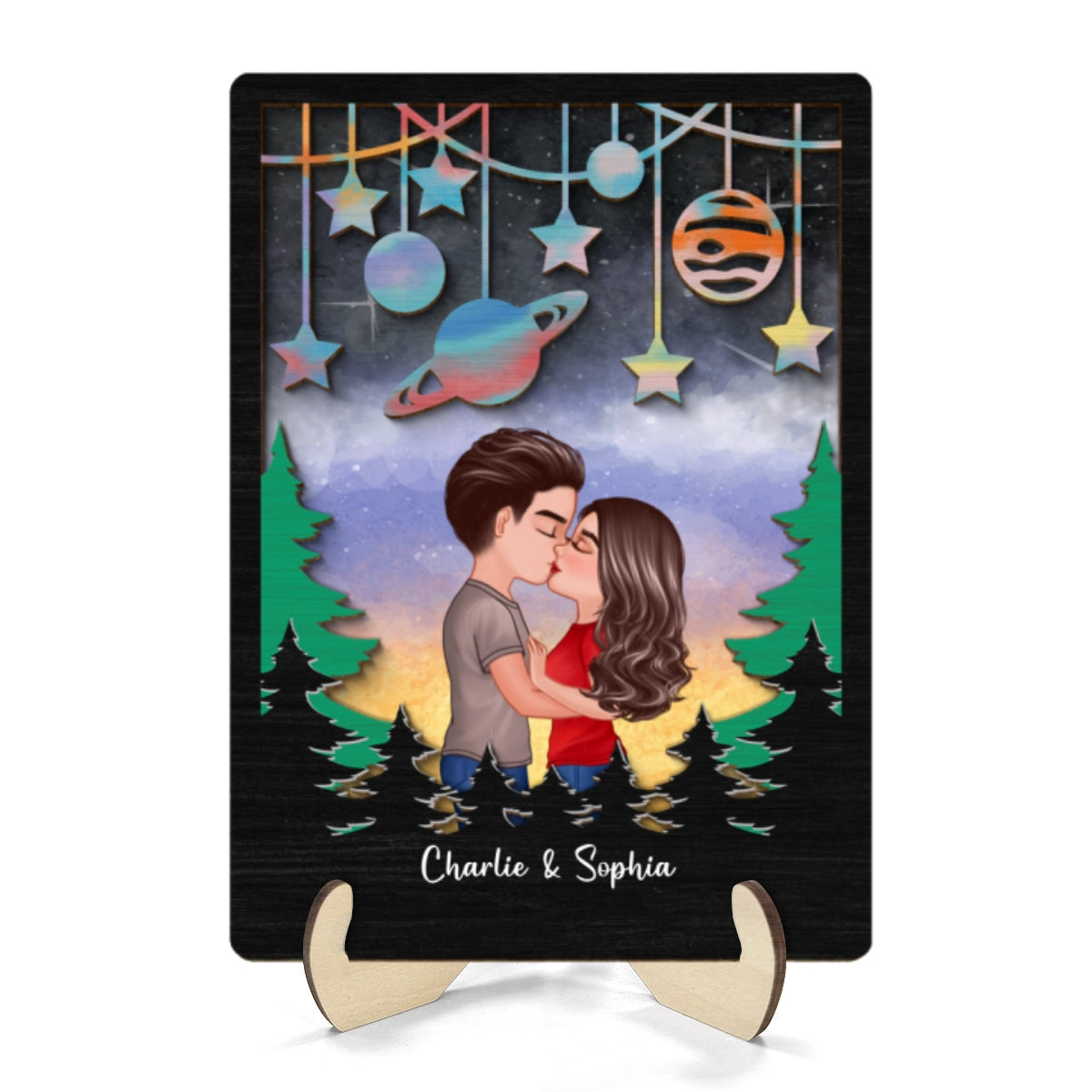 Couple Kissing Galaxy Theme  Gift For Him Gift For Her Personalized 2-layer Wooden Plaque