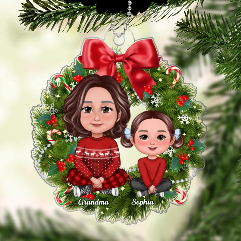 Grandma Grandkids Crossed Legs Sitting On Christmas Wreath Personalized Acrylic Ornament