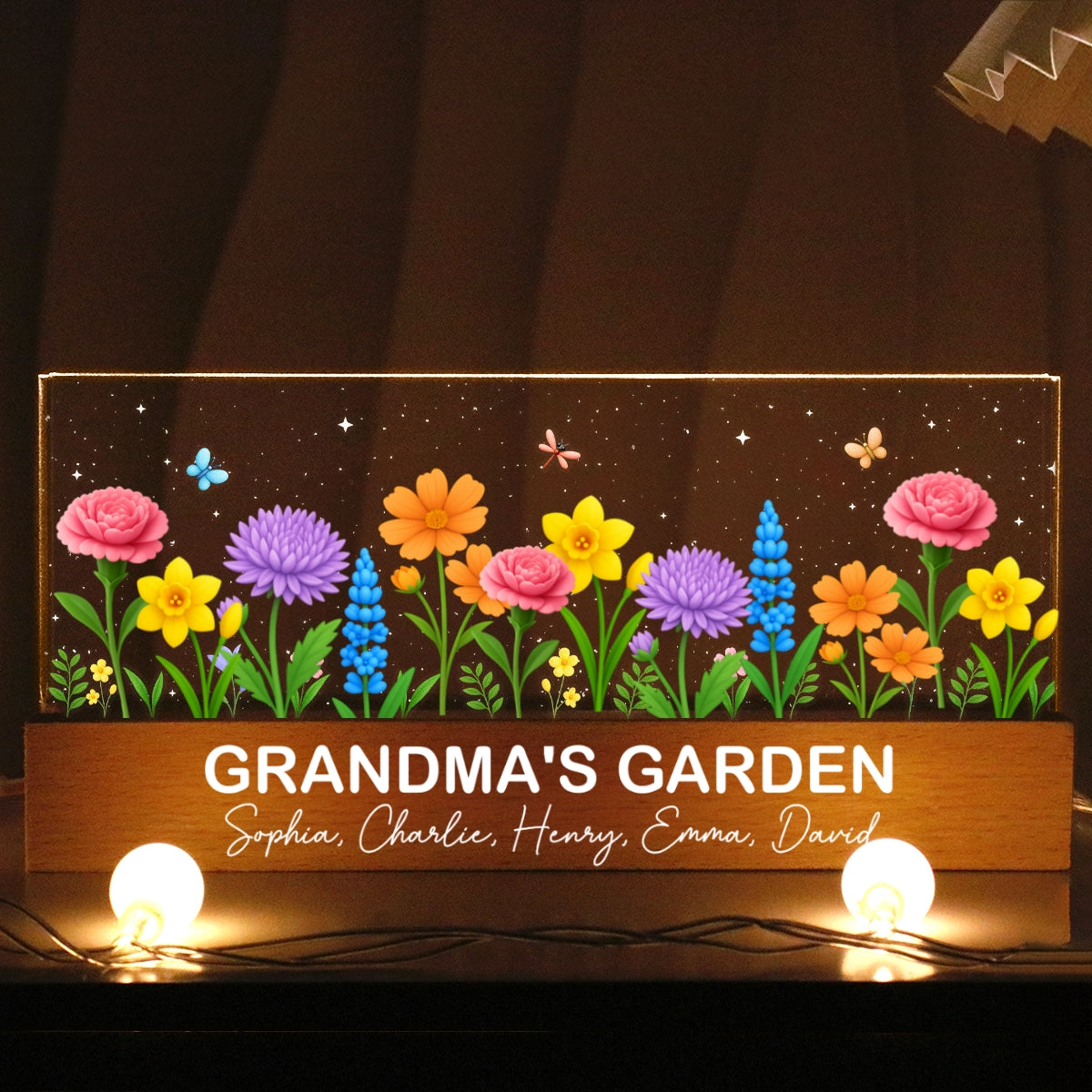 Blooming Birth Month Flowers Grandma Mom Garden Personalized Acrylic Block LED Night Light