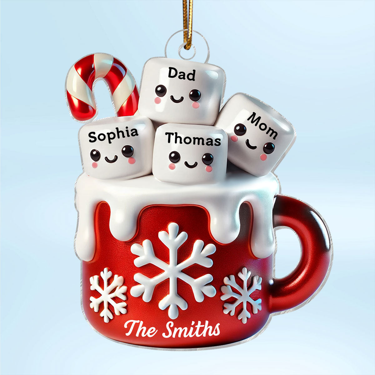 3D Effect Marshmallow Hot Cocoa Family Christmas Personalized Acrylic Ornament