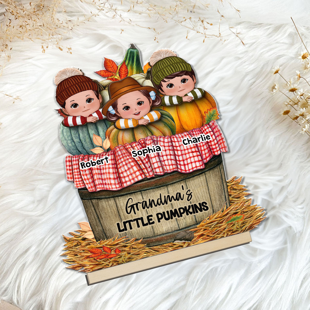 Cute Kids Grandma's Pumpkin Fall Season Personalized 2 Layer Standing Wooden Plaque