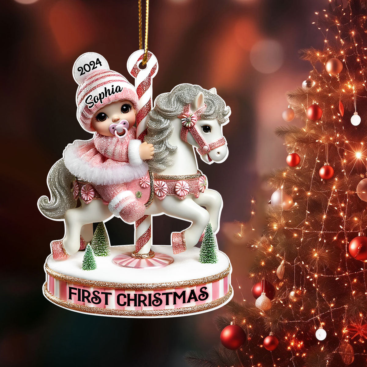 Baby's First Christmas Cute Baby On Carousel Horse Personalized Acrylic Ornament, New Parents Keepsake, Gift For Newborn
