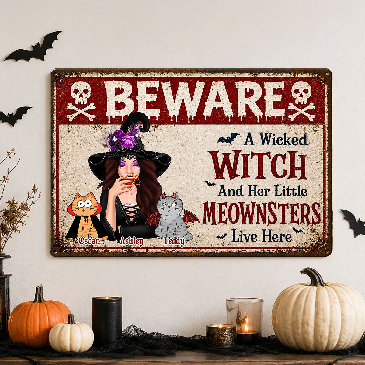 Beware A Wicked Witch And Her Little Meownsters - Personalized Metal Sign - Halloween Decor Gift, Gift For Cat Lovers
