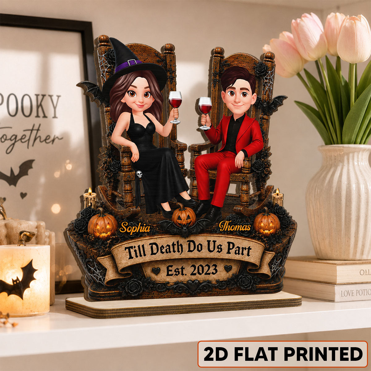 Trending Halloween Couple Sitting - Personalized 2-Layered Wooden Plaque - Halloween Decoration For Couple