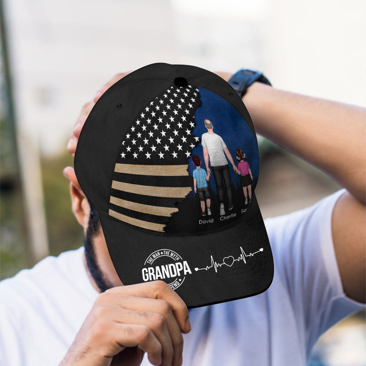 Man Walking With Kids, Nation Flag Personalized Classic Cap, 4th Of July Gift