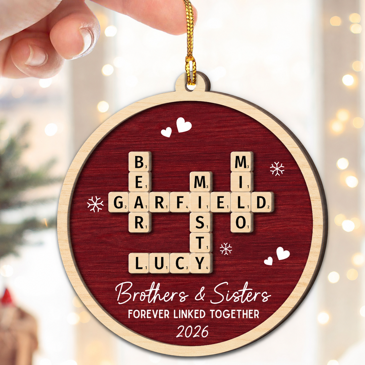 Siblings Forever Linked Together Crossword Puzzle Art - Personalized 2-Layer Wooden Ornament