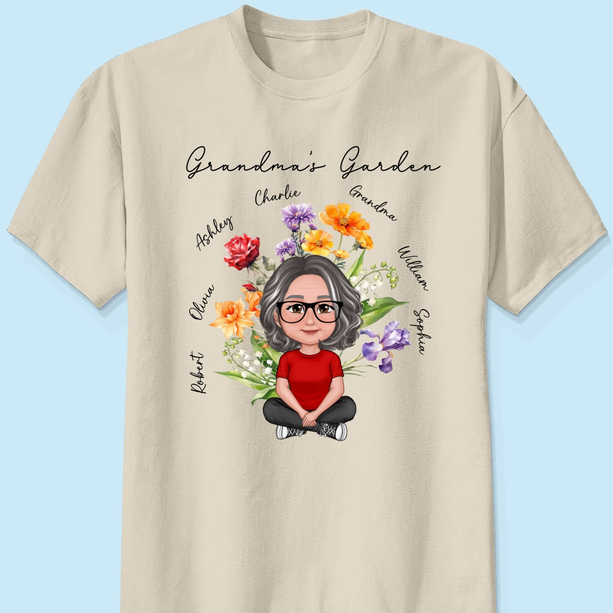 Grandma‘s Garden Crossed Legs Woman Grandkids Beautiful Birth Flower Personalized Shirt