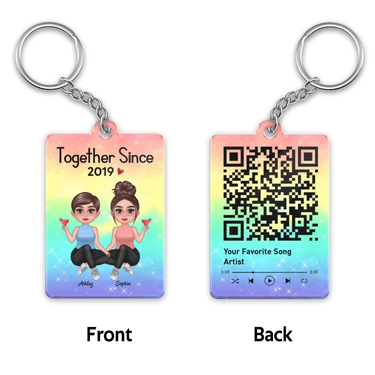 LGBT Doll Couple Sitting Together Since Favorite Song Scannable QR Code Couple Gift Personalized Acrylic Keychain