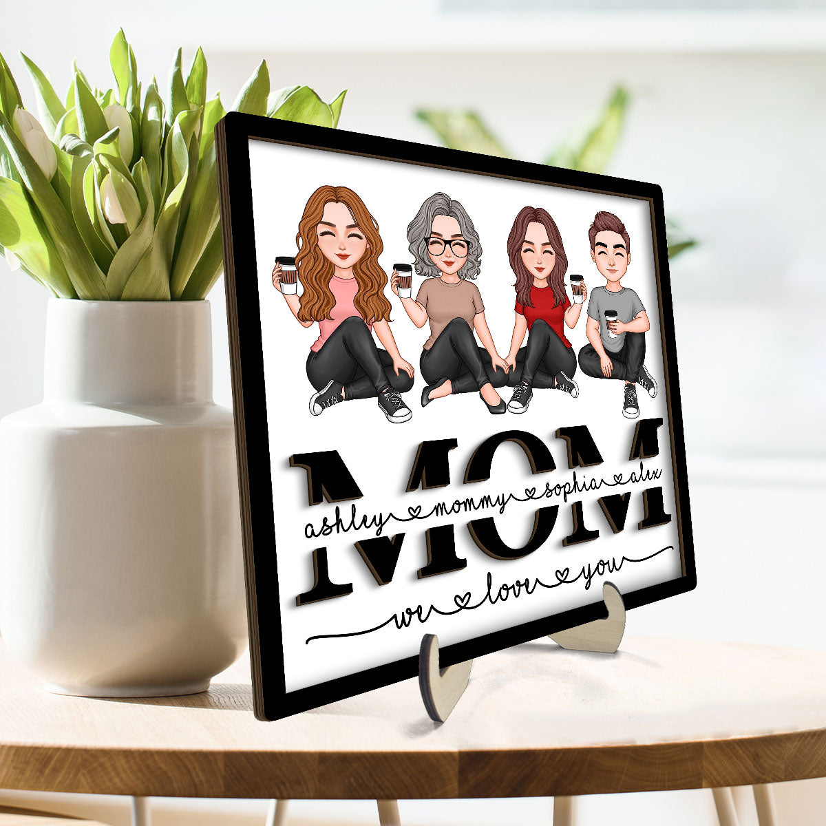 Mom We Love You Vector Sitting On Text Personalized 2-layer Wooden Plaque