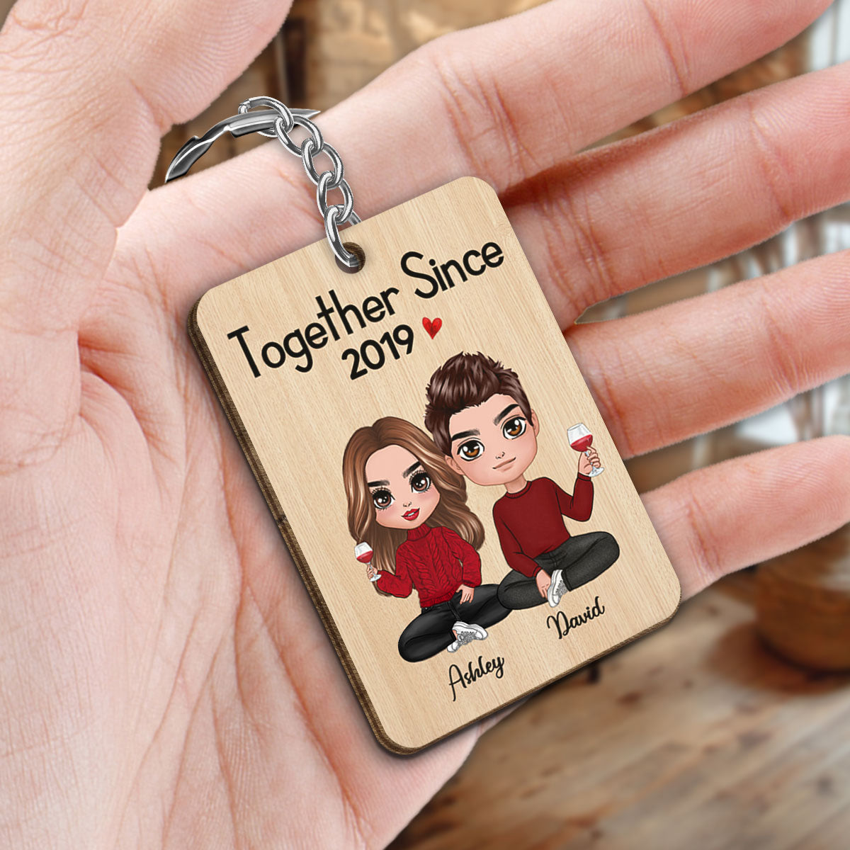 Doll Couple Sitting Gift For Him For Her Personalized Wooden Keychain
