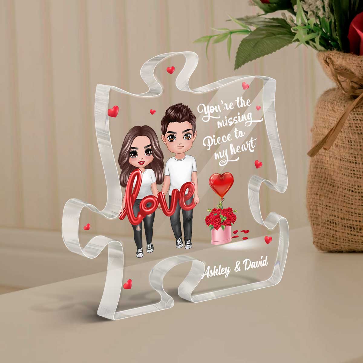 Doll Couple Love Balloon Personalized Acrylic Puzzle Plaque - Gift For Him For HerLight