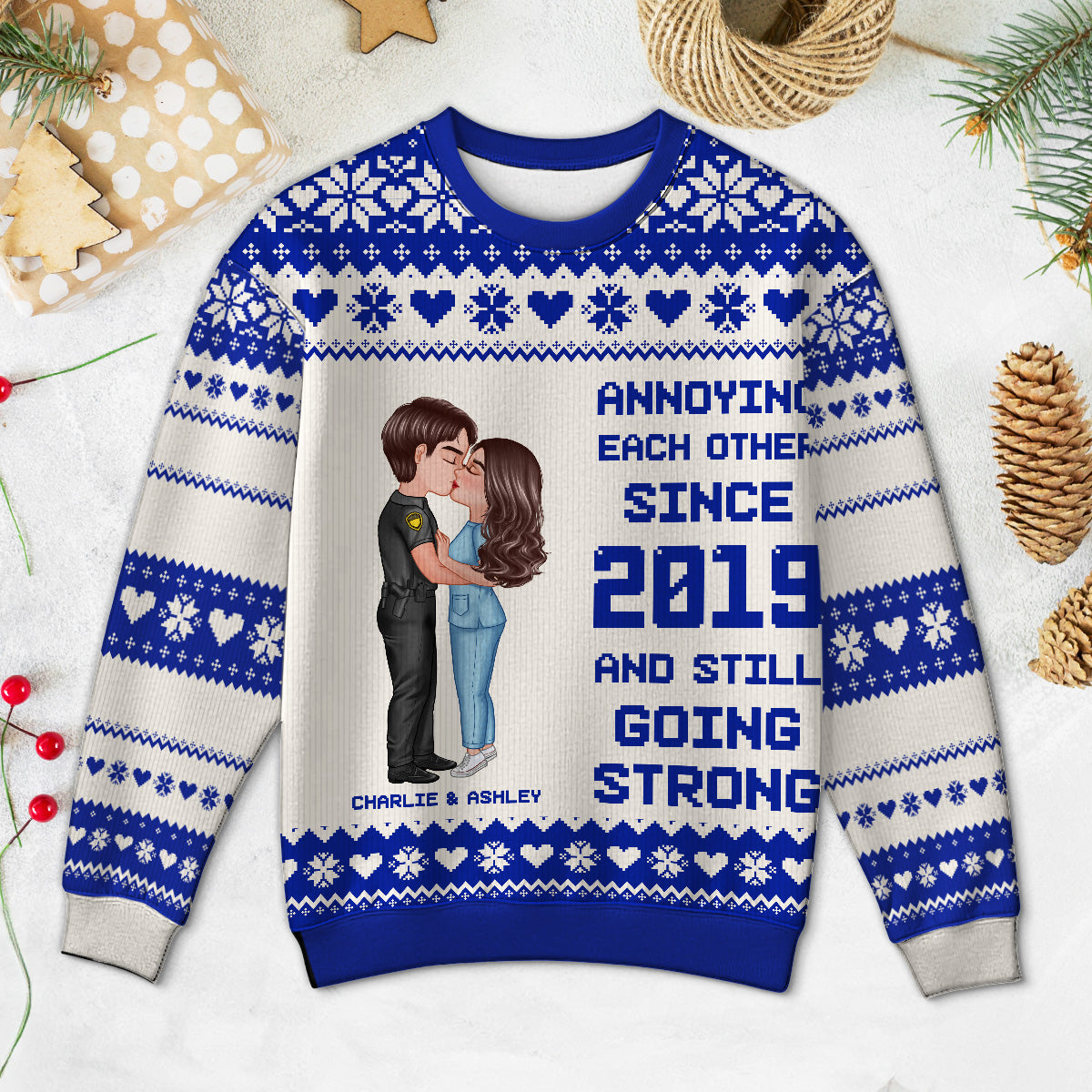 Christmas Hugging Kissing Couple Occupation Personalized Faux Knitting Ugly Sweater, Gift For Him, For Her, For Police, Nurse, Firefighter, EMS, Military