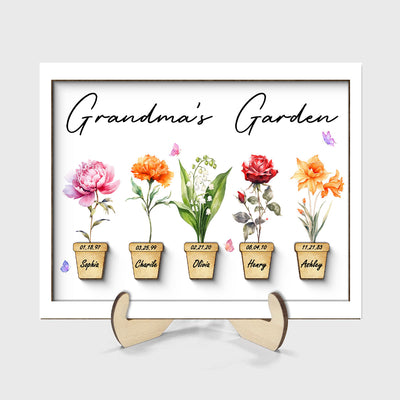 Family Grandma Garden Flower Pot Beautiful Birth Month Flowers Personalized 2-Layer Wooden Plaque