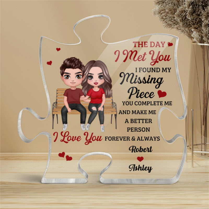 Couple Sitting On Bench Found My Missing Piece Personalized Puzzle Acrylic Plaque - Gift For Him Gift For Her