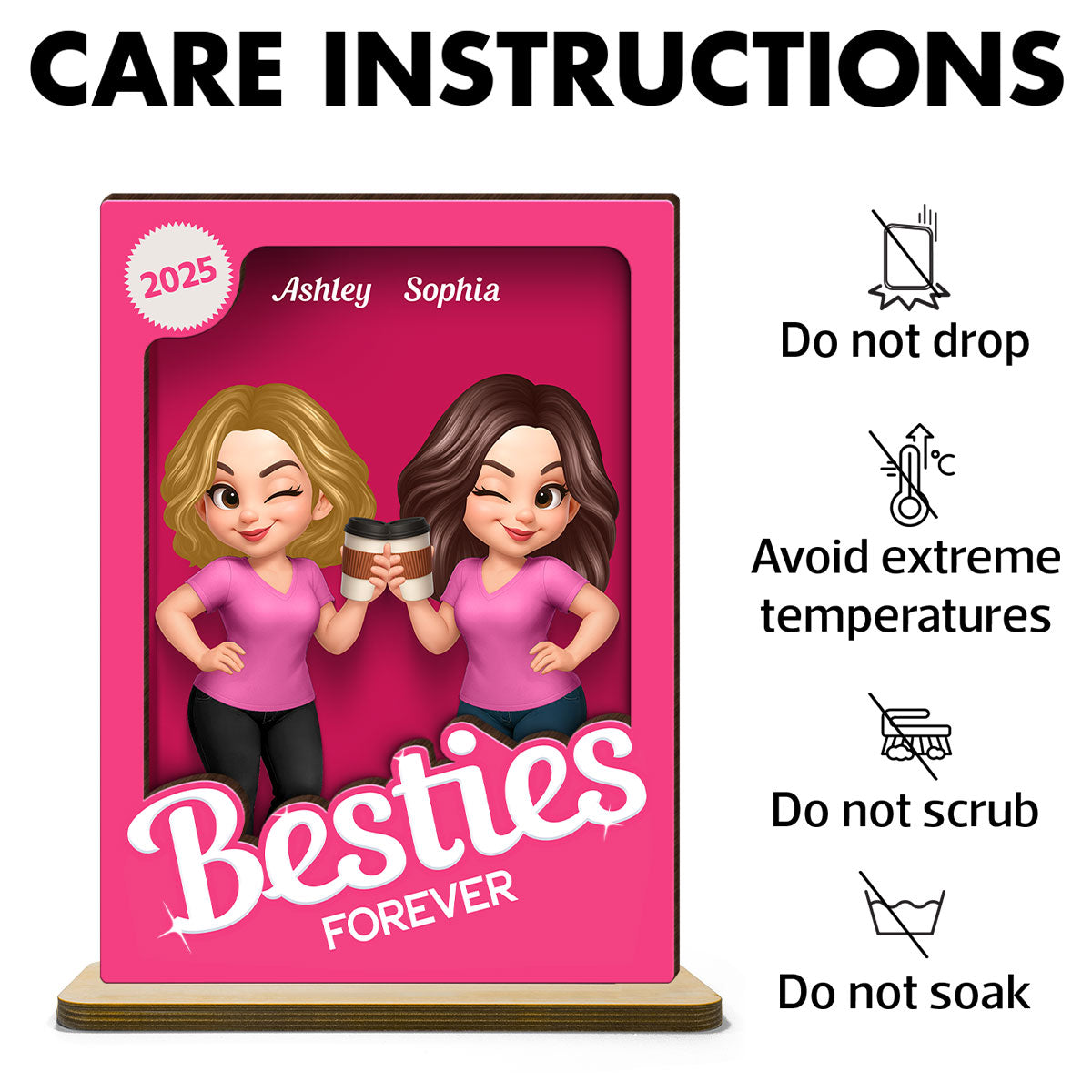 Besties Partner In Crime Pink 3D Effect Action Figure Personalized 2-Layer Standing Wooden Plaque