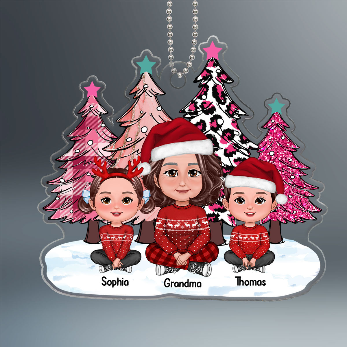 Pink Leopard Checkered Christmas Tree Grandma Grandkids Personalized Acrylic Ornament