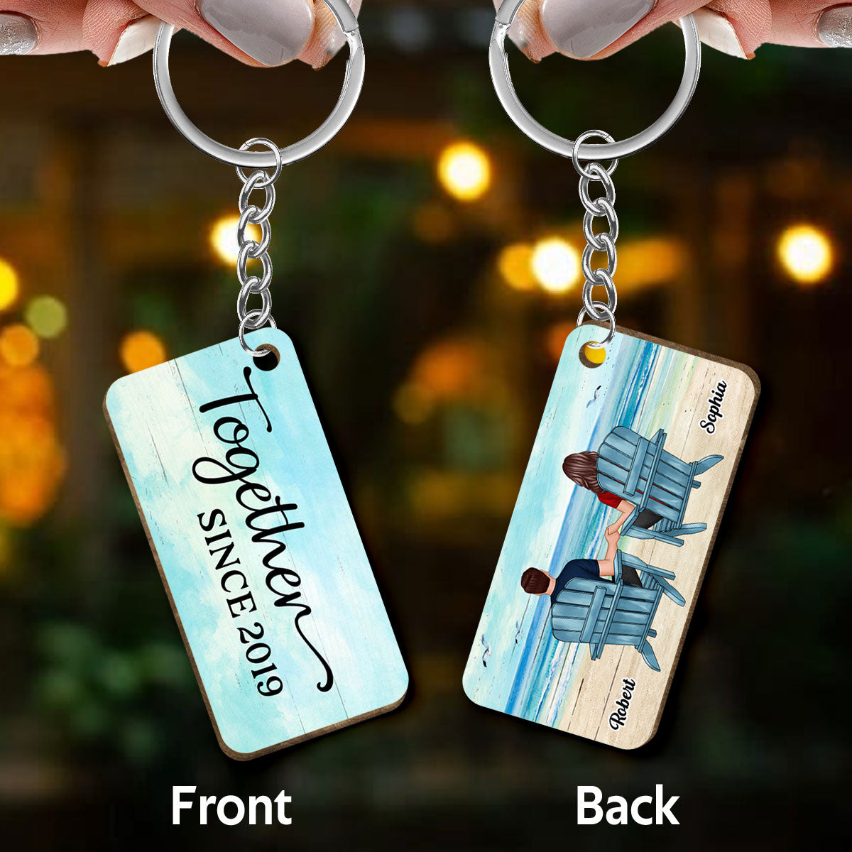 Couple Sitting Landscape Background Personalized Wooden Keychain