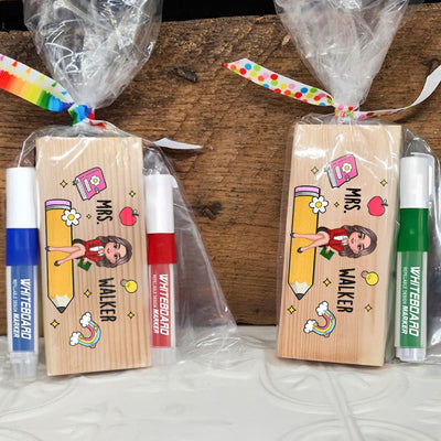 Teacher Sitting on Pencil Personalized Teacher Whiteboard Eraser, Custom Teacher Appreciation Gifts, Chalkboard Eraser with Marker