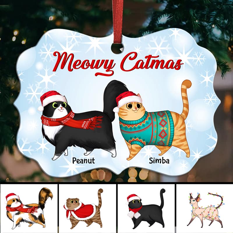Meowy Catmas Cartoon Walking Cat Sparkling Personalized Christmas Ornament