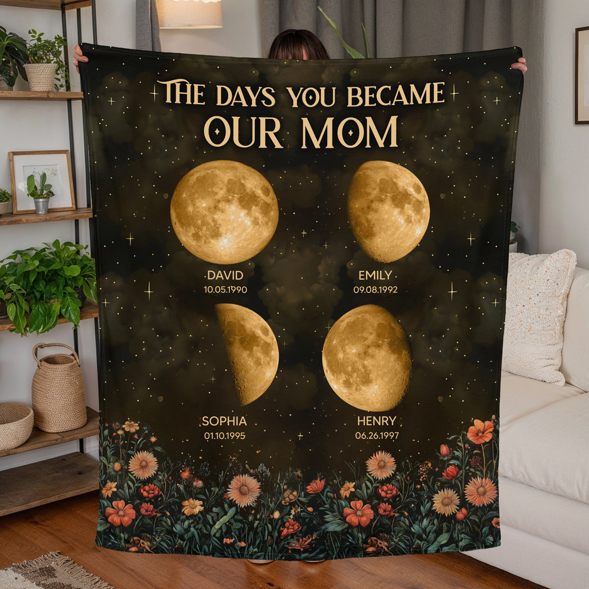 Vintage Flowers The Day You Become Mom Grandma Custom Birth Moon Phase Personalized Fleece Blanket
