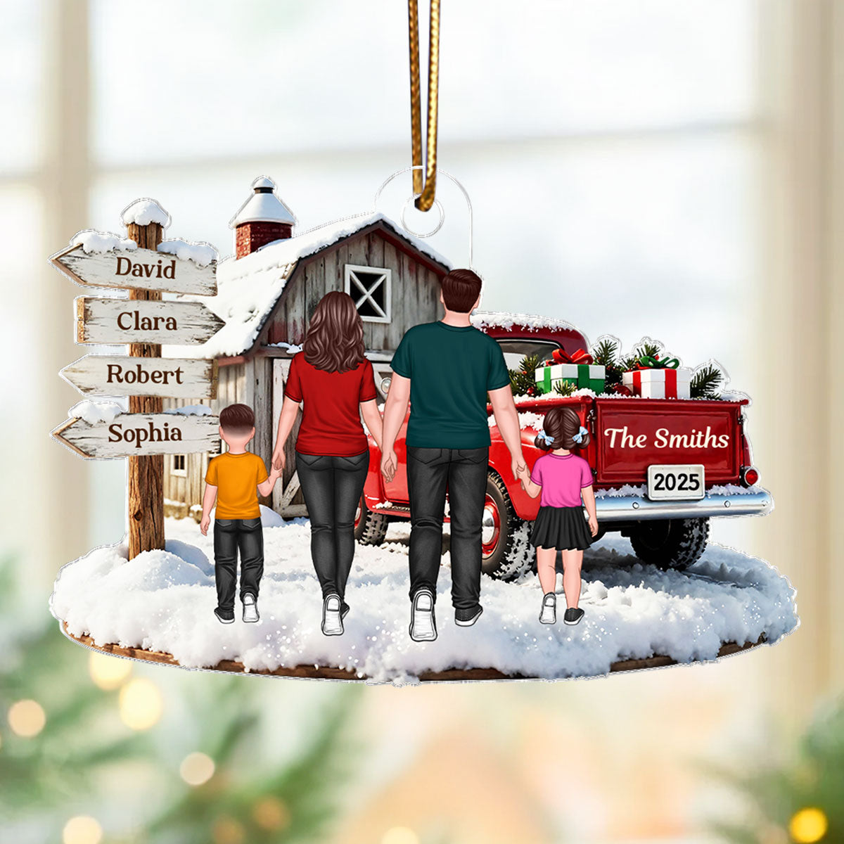 Christmas Truck Barn House Family Sign Post - Personalized Acrylic Ornament - Christmas Gift For Family