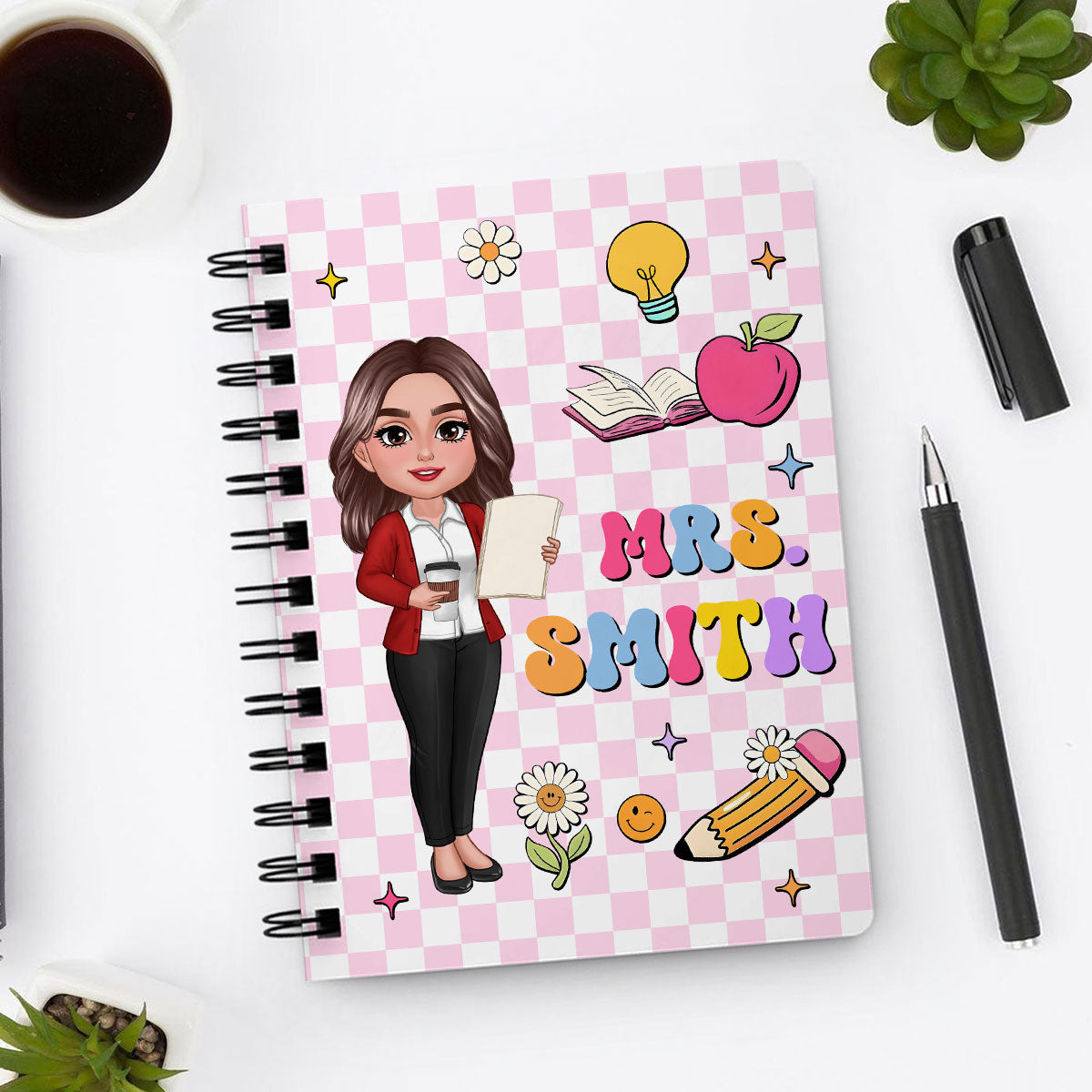 Groovy School Things Teacher Name Personalized Spiral Notebook Journal, Back To School Stationery