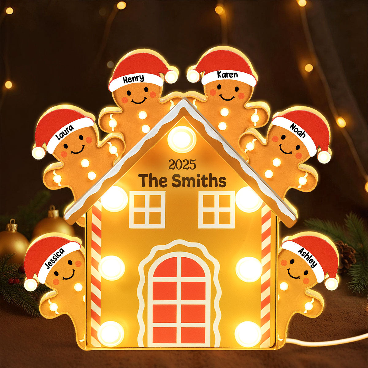 Gingerbread House Family Marquee Effect Personalized LED Light Box, Christmas Decoration