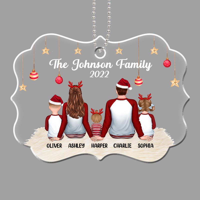 Back View Pajamas Family Dad Mom Kids Dogs Cats Personalized Acrylic Ornament