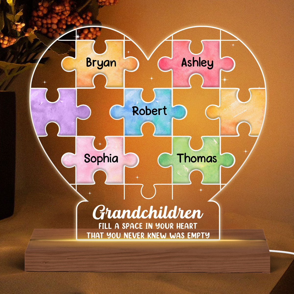 Grandma Grandchildren Puzzle Heart Personalized Acrylic Custom Shape LED Night Light
