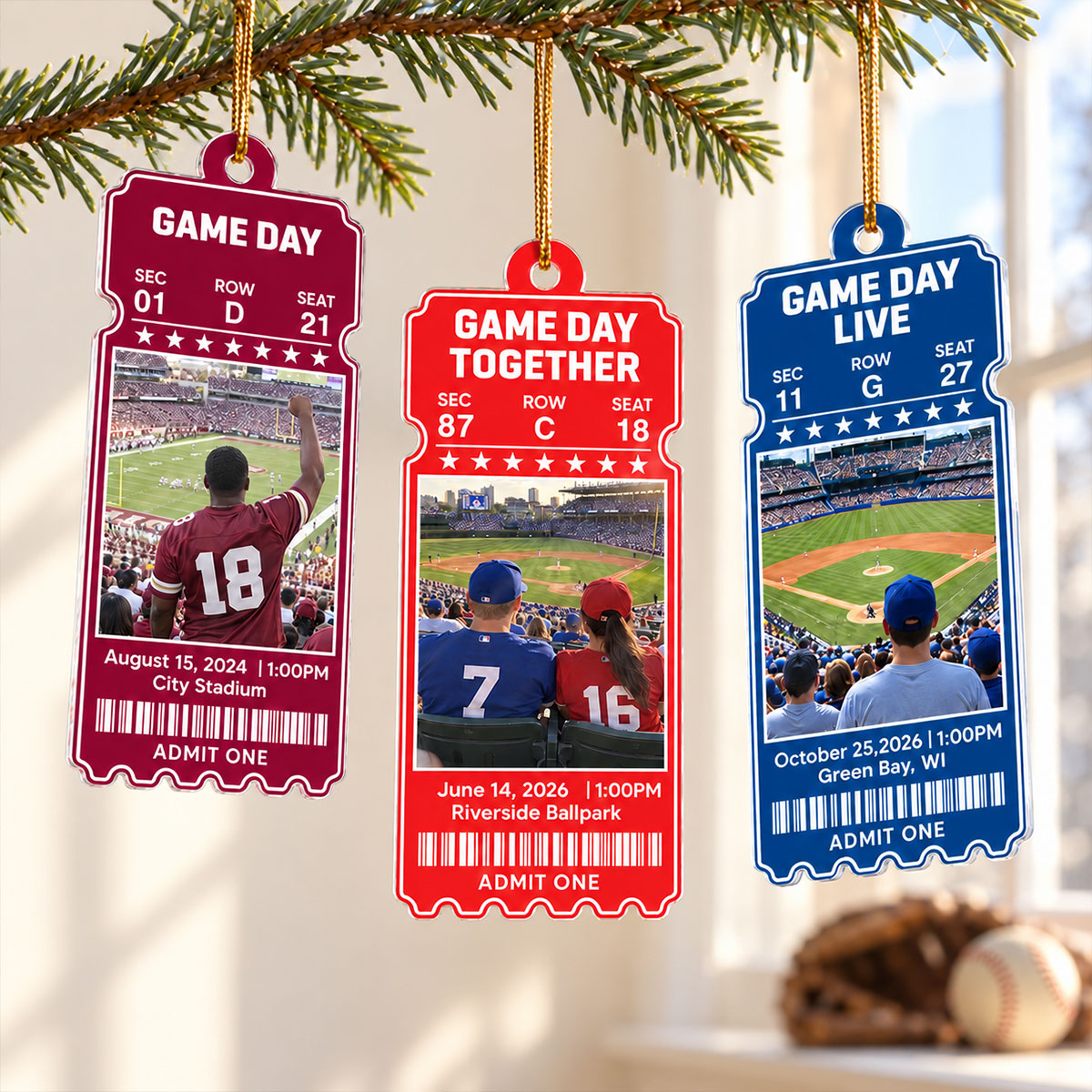 Custom Sports Ticket - Personalized Acrylic Ornament - Game Day Keepsake Stadium Memory, Christmas Gift for Him, for Her