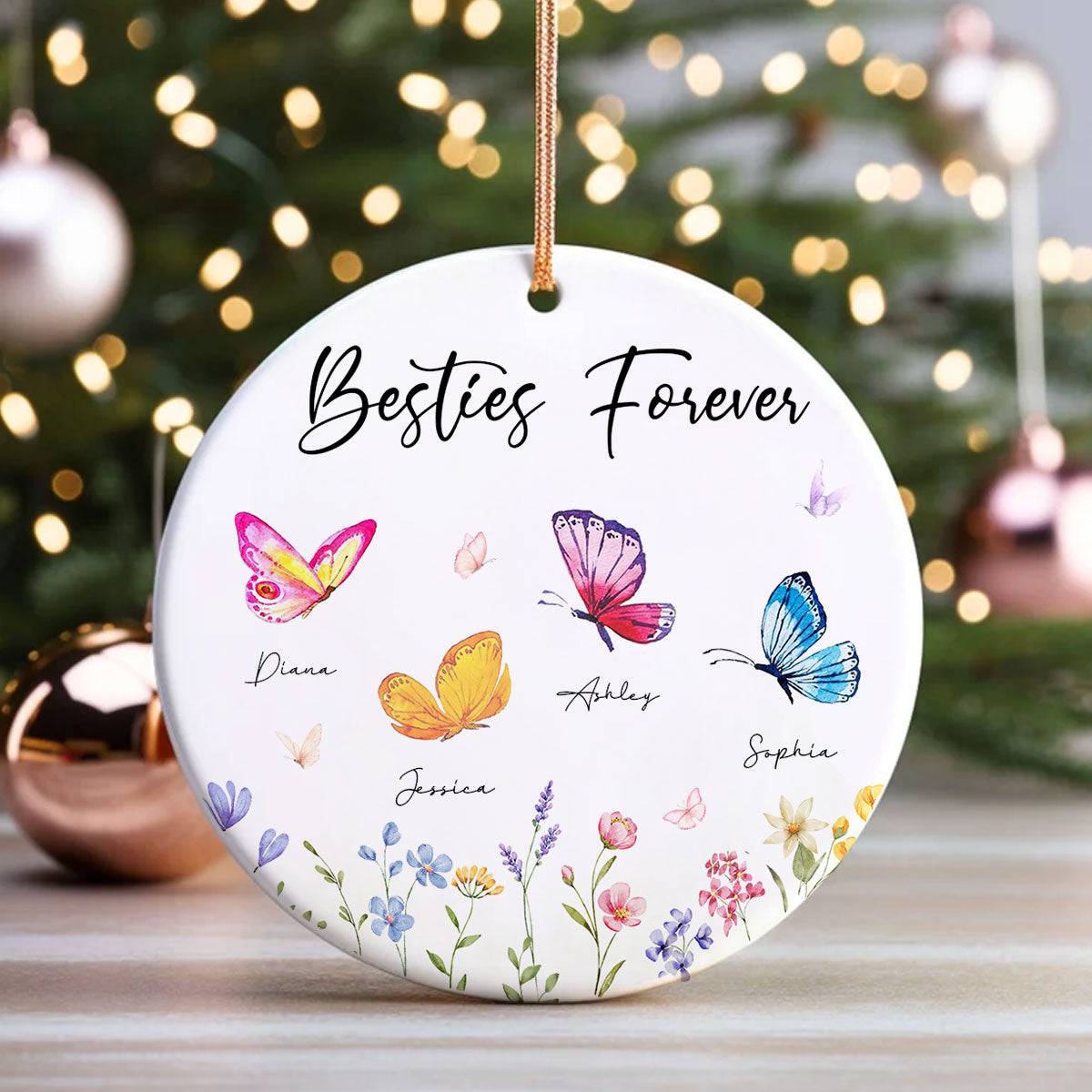 Besties Sisters Grandma Mom Beautiful Butterflies Personalized Circle Ceramic Ornament