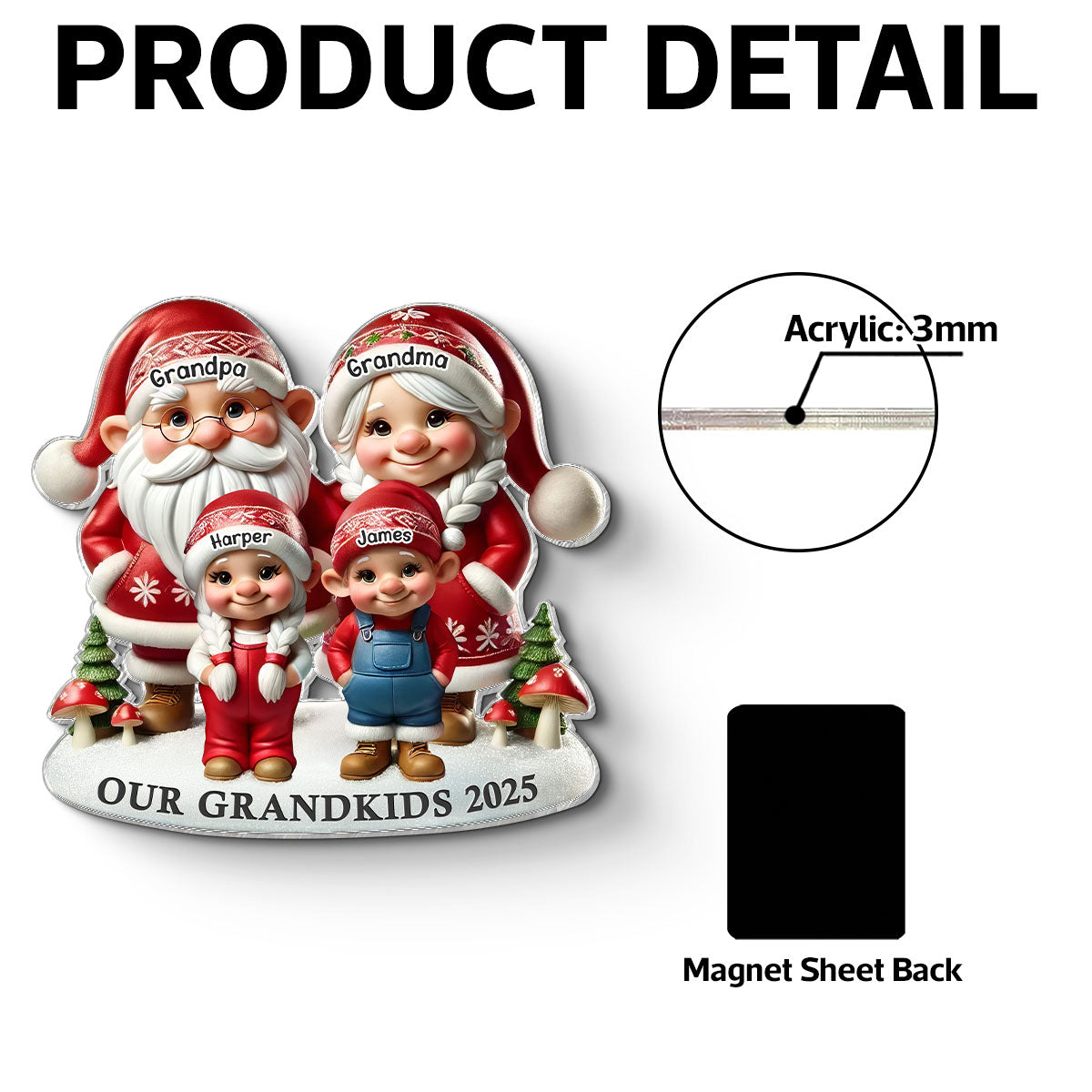 3D Effect Gnome Grandma Grandpa And Grandkids Personalized Acrylic Fridge Magnet, Gift For Grandparents, Grandkids