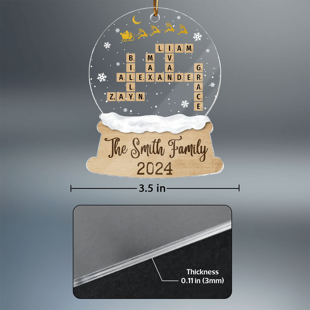 Snow Globe Christmas Sleigh Family Puzzle Crossword Personalized Acrylic Ornament, Christmas Gift For Family
