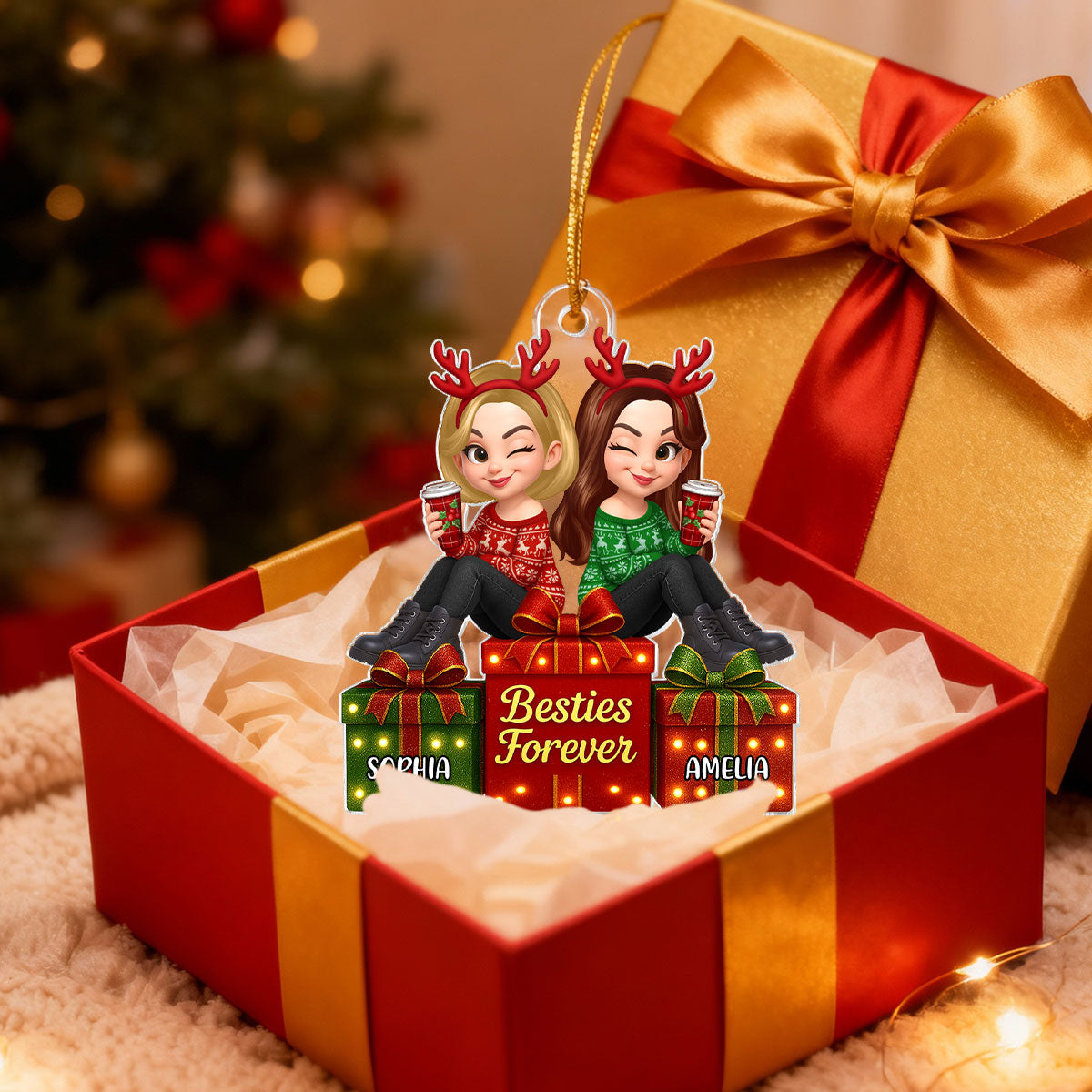Besties Forever Beautiful Marquee Pattern Effect Gift Box Christmas - Personalized Acrylic Ornament