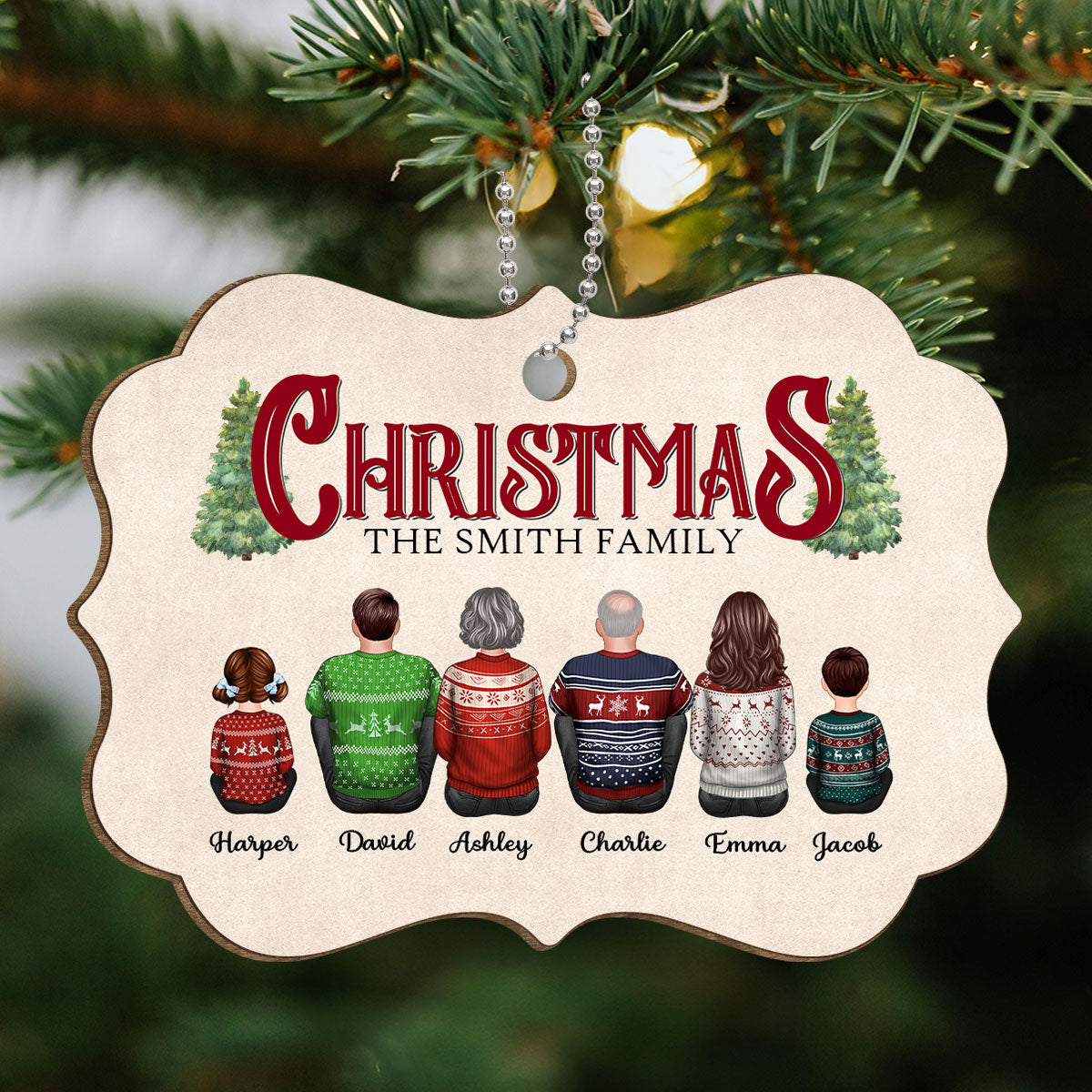 Rustic Family Sitting Together Personalized Wooden Ornament, Christmas Decor, Gift For Families