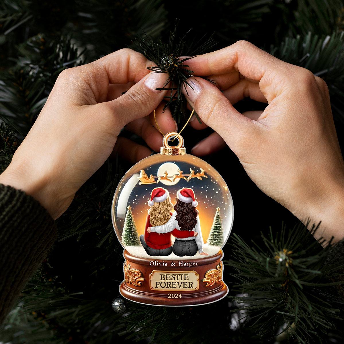 Besties Forever 3D Realistic Snow Globe Personalized Acrylic Ornament, Christmas Gift For Besties