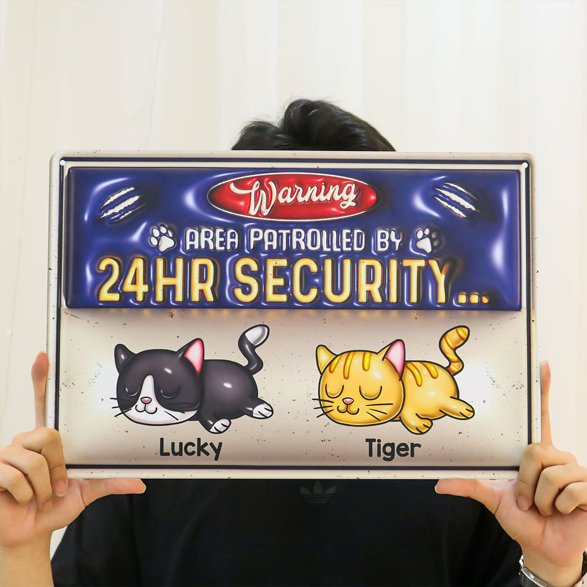 Warning Area Patrolled By Cute Sleeping Cats Personalized 3D Inflated Metal Sign, Gift for Cat Mom, Cat Dad, Cat Lovers