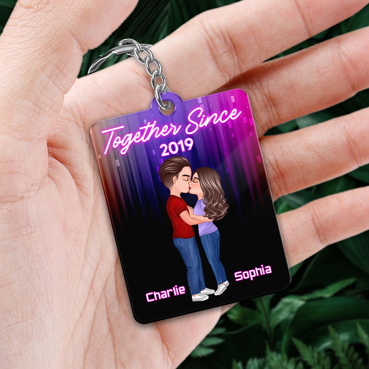 Neon Light Doll Couple Kissing Favorite Song QR Code Personalized Acrylic Keychain