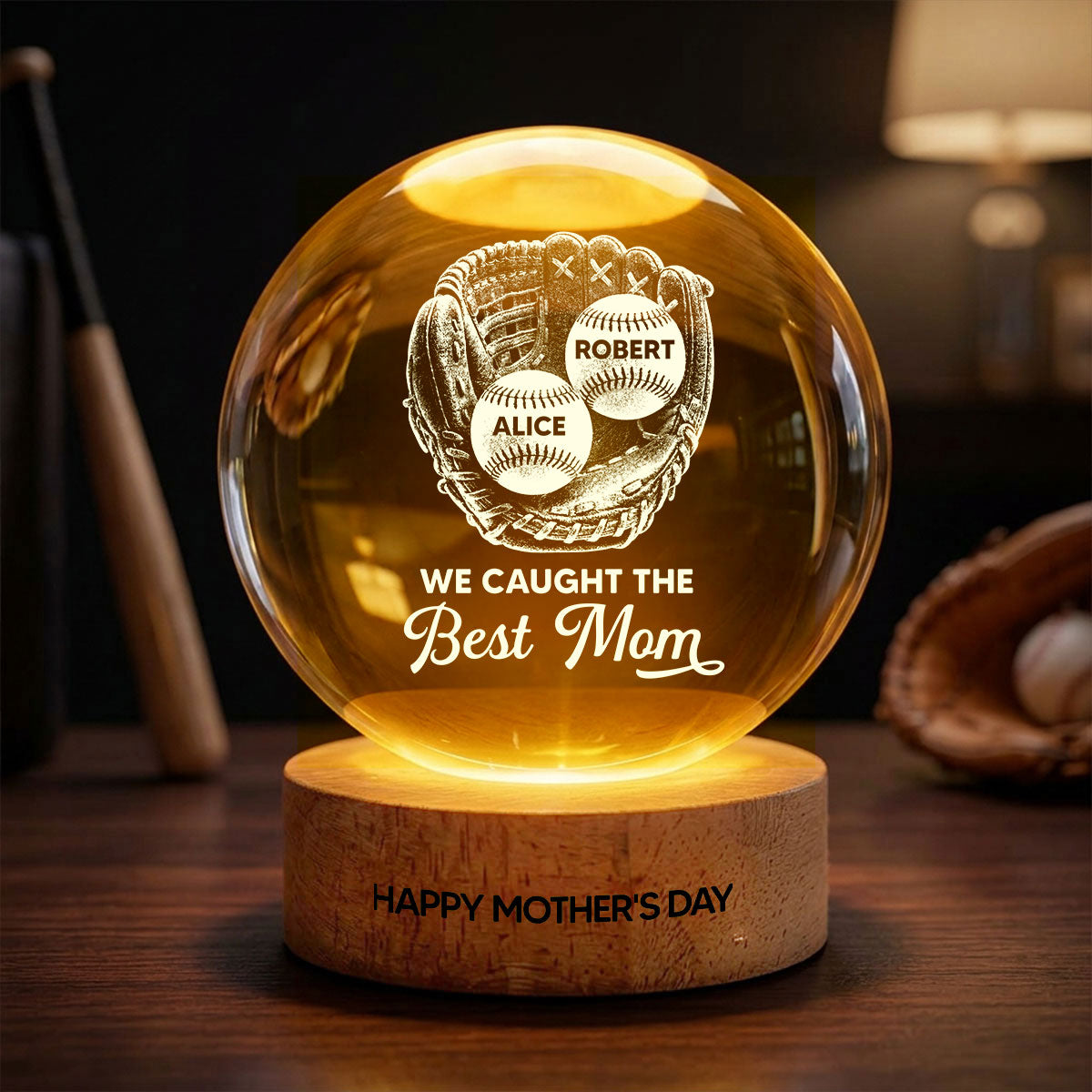 Baseball In Baseball Glove We Caught The Best Mom - Personalized Crystal Ball LED Night Light - Mother's Day Gift For Baseball Mom