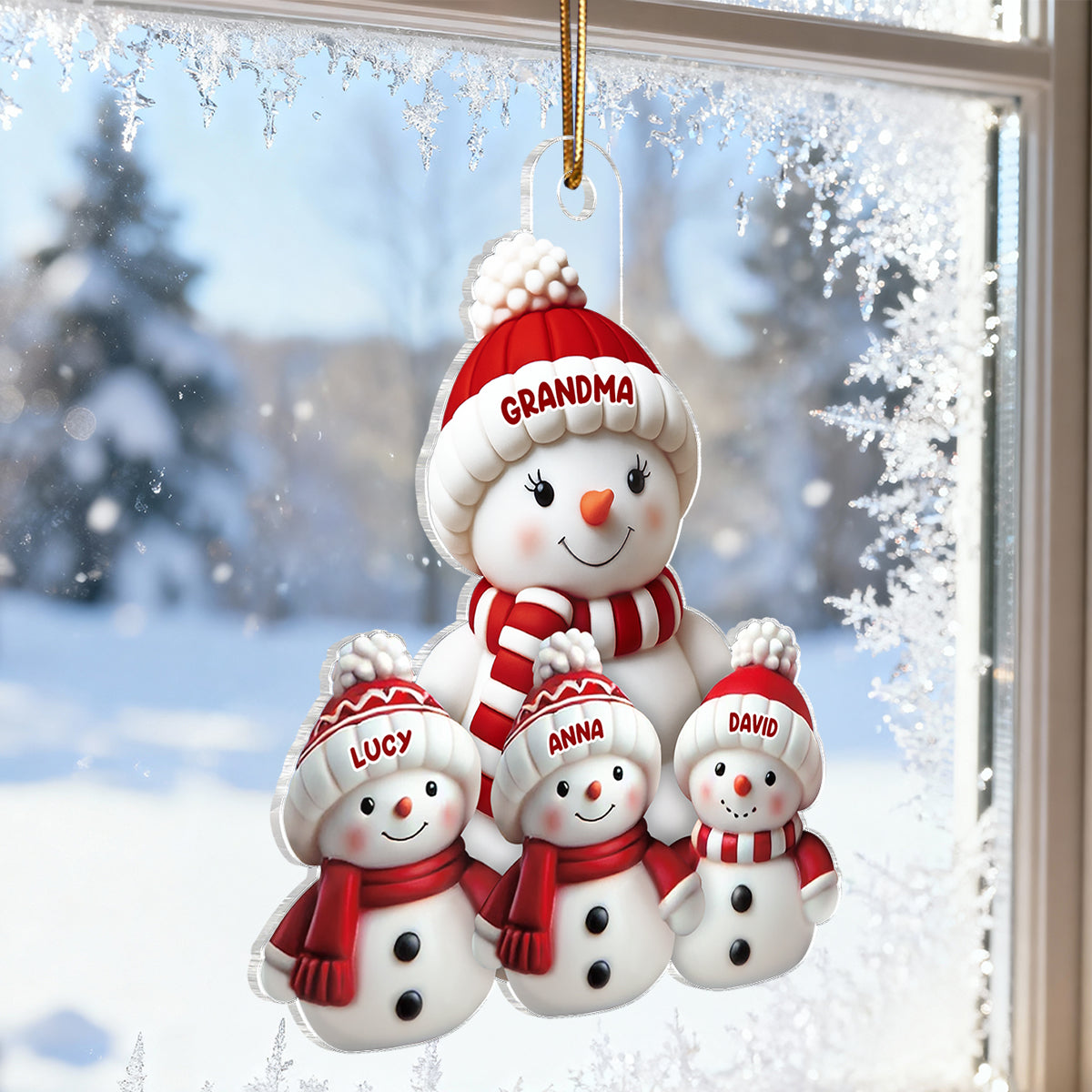 3D Effect Cute Snowman Grandma & Grandkids - Personalized Acrylic Ornament - Christmas Decor For Family, Grandma
