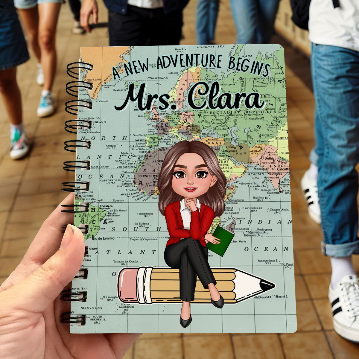 World Map Adventure Themed Teacher Sitting On Pencil Personalized Spiral Notebook Journal, Back To School Stationery