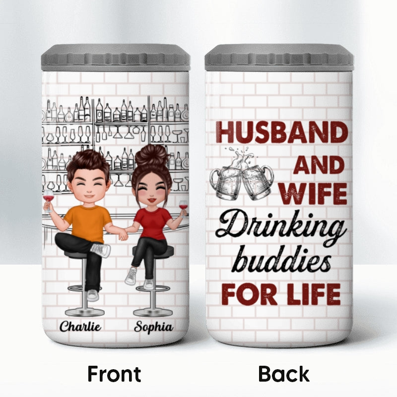 Husband Wife Drinking Buddies Multi Use Tumbler - Personalized 4 In 1 Can Cooler - Christmas Gift For Him For Her