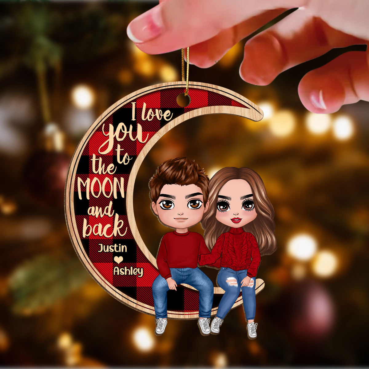 Couple Sitting On Moon Christmas Personalized Wooden Ornament